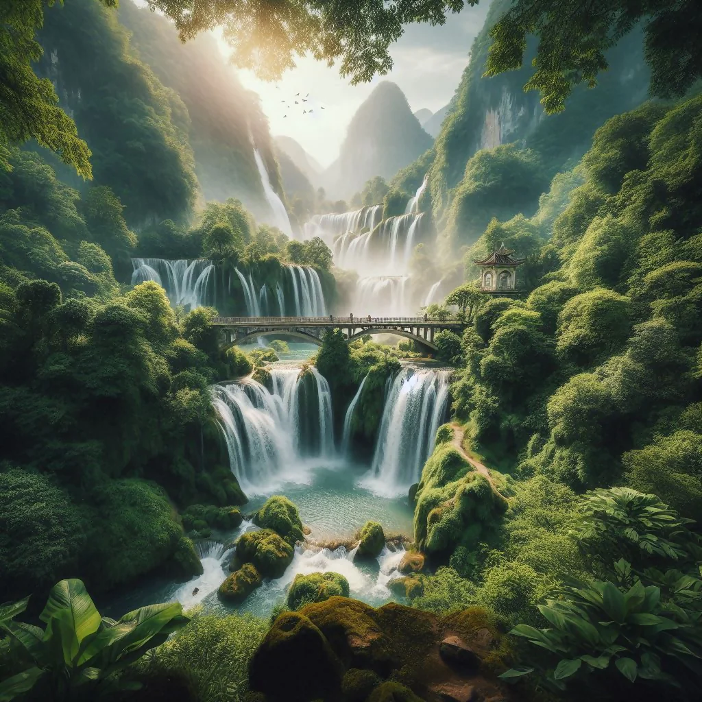 Cascading Waterfall Amid Lush Greenery and Scenic Bridge