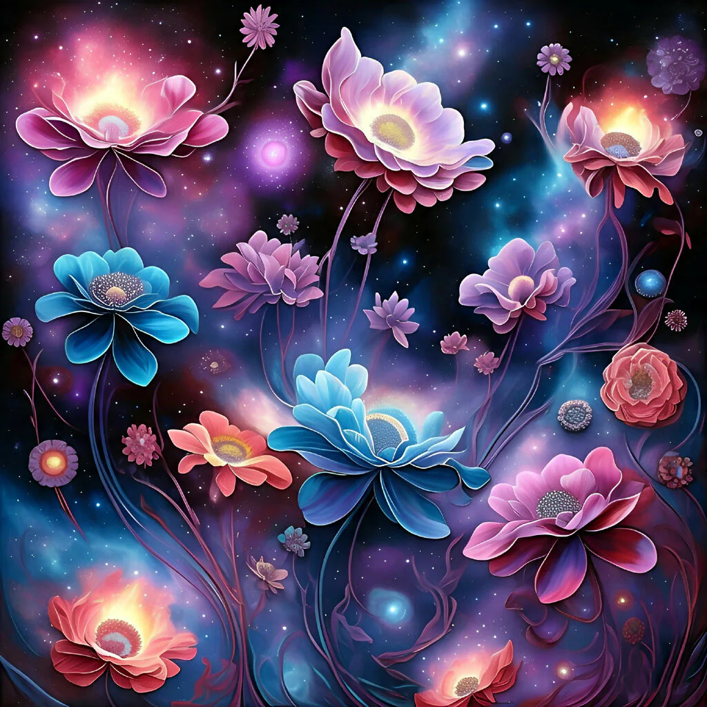 Celestial Bloomscape – Surreal Cosmic Flower Fantasy