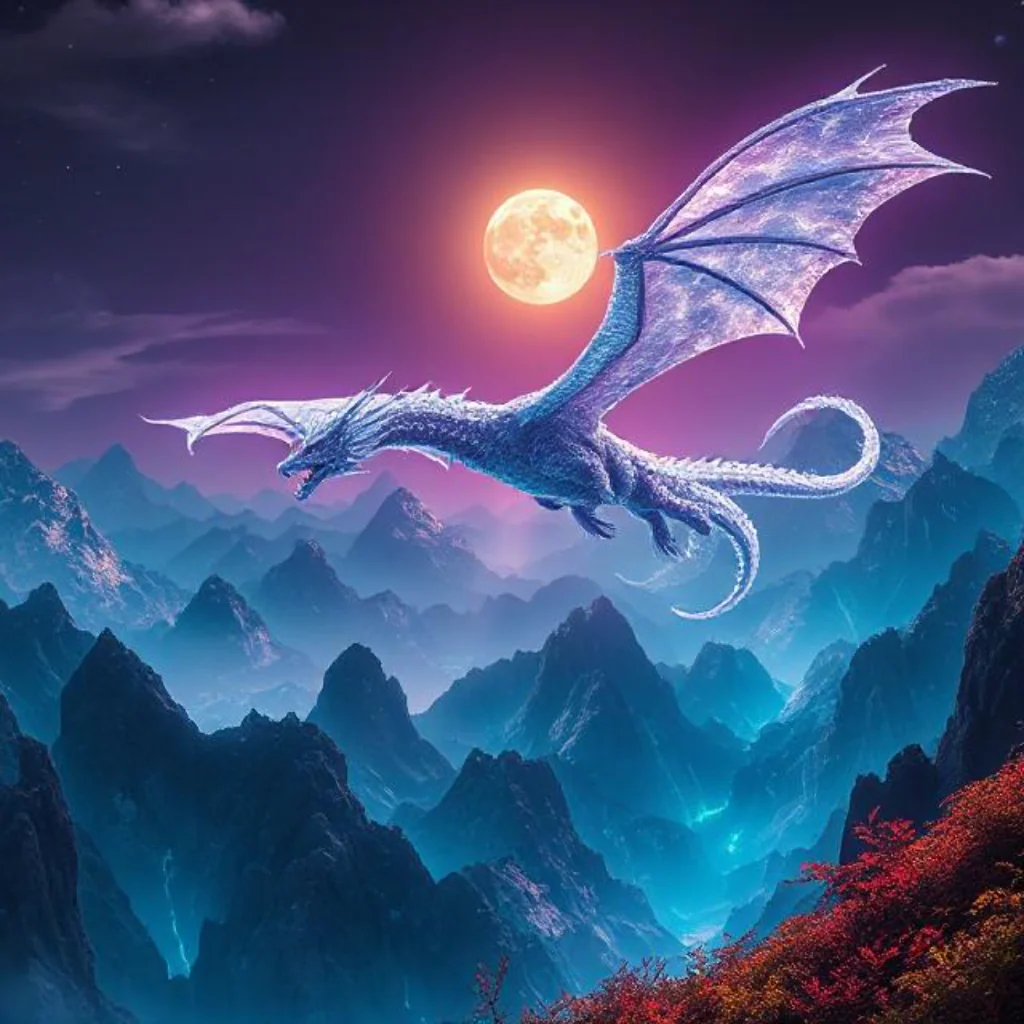Celestial Flight: Luminous Ice Dragon Over Violet Peaks