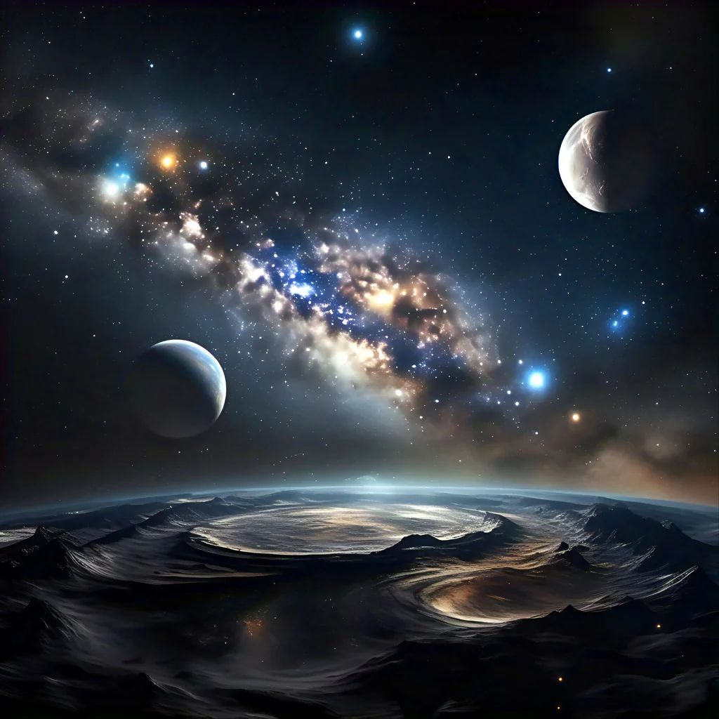 Celestial Mirage: Dual Worlds Over Alien Crater