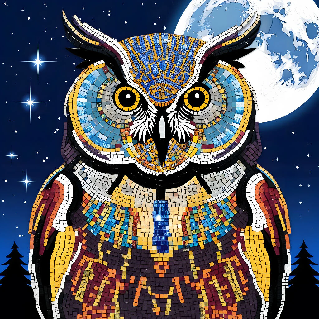 Celestial Mosaic Owl: A Colorful Tribute Under the Moonlight - Image 2