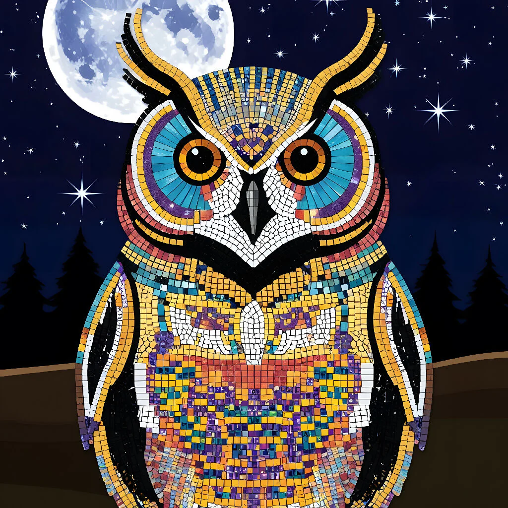 Celestial Mosaic Owl: A Colorful Tribute Under the Moonlight - Image 3