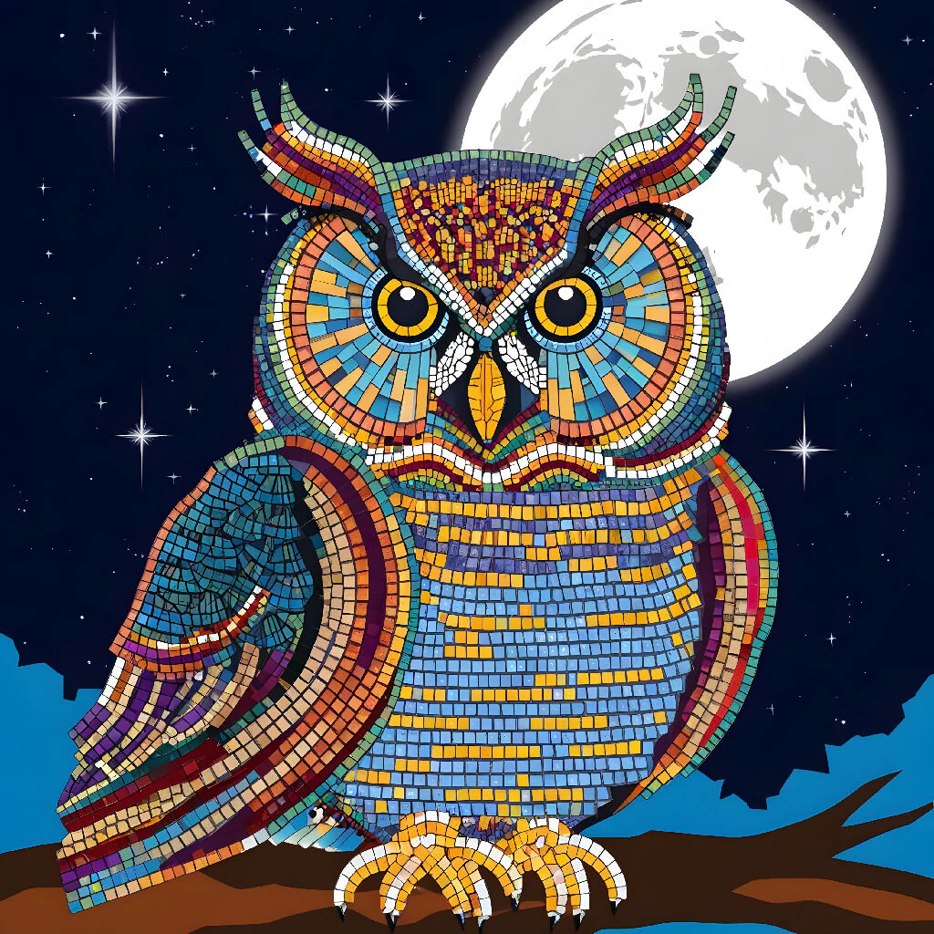Celestial Mosaic Owl: A Colorful Tribute Under the Moonlight - Image 4