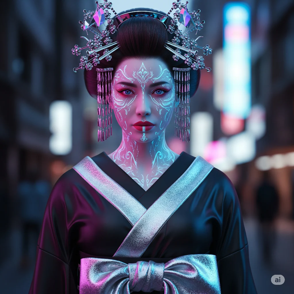 Cyberpunk Geisha in Neo-Kyoto – Futuristic Japanese Wall Art