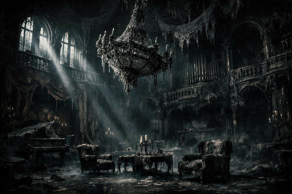 Cinematic wide shot of an abandoned gothic manor ballroom in extreme decay with heavy metal aesthetics, intricate architecture covered in thick dust and cobwebs, rotting velvet curtains, a grand chandelier hanging precariously, and antique furniture in ta