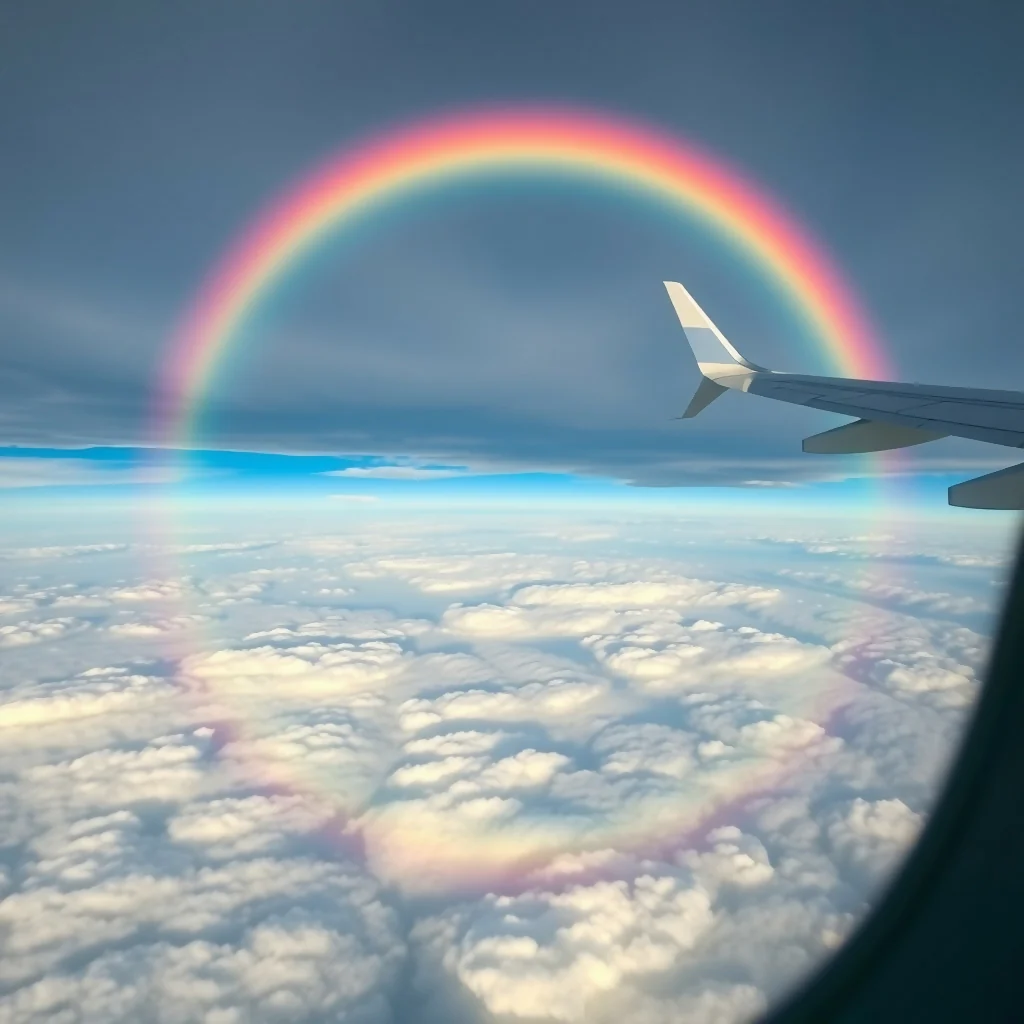 Circular Rainbow Halo Above Clouds from Airplane Window