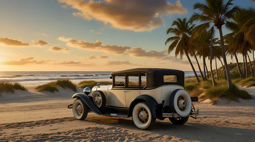 Classic 1920s Car by the Beach at Sunset