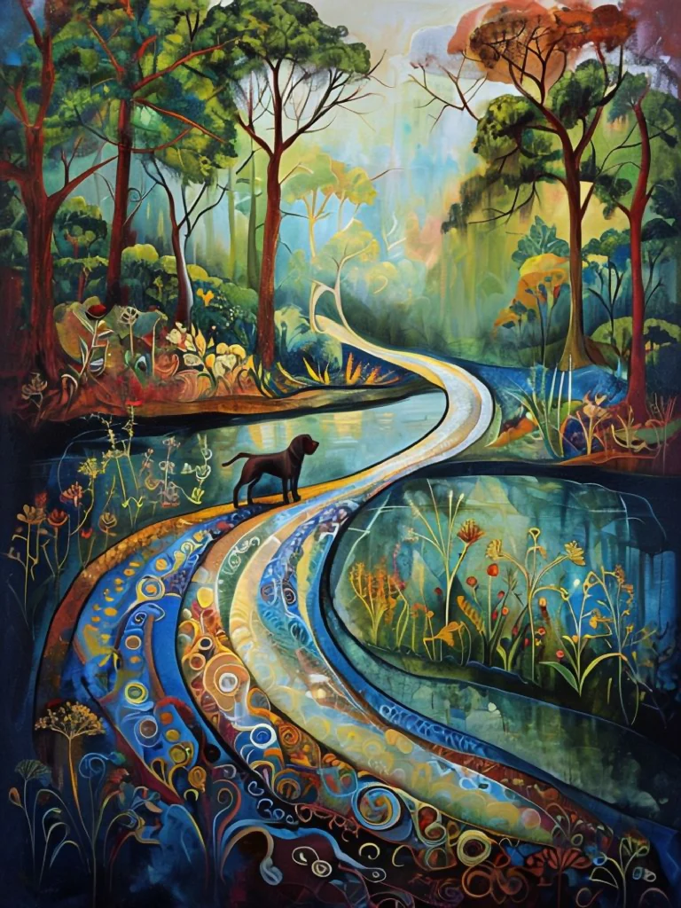 Colorful Dog Path Digital Art Print - Whimsical Forest Landscape