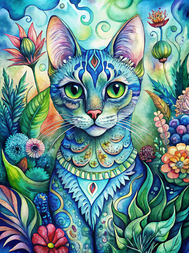 Colorful Floral Cat Art About Mystical Cat
