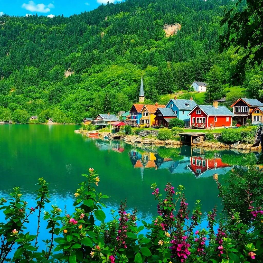 Colorful Lakeside Village in Mountain Valley