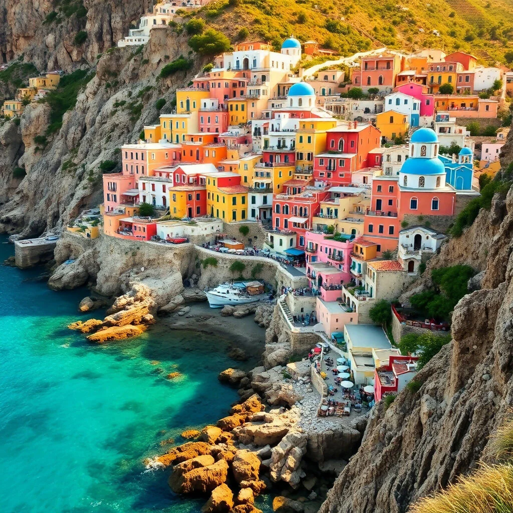 Colorful Mediterranean Coastal Village on Cliffs
