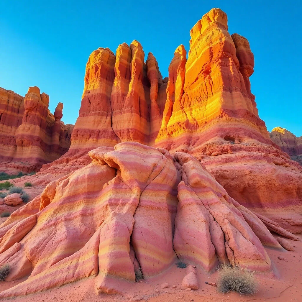 Colorful Rock Formations in Desert Under Blue Sky