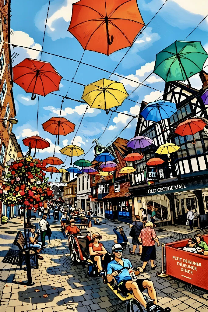 Colorful Umbrellas Over Busy Street