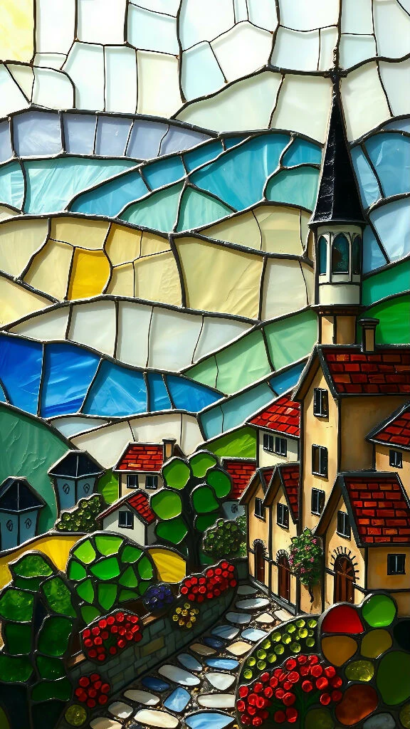 Colorful Village Scene in Stained Glass