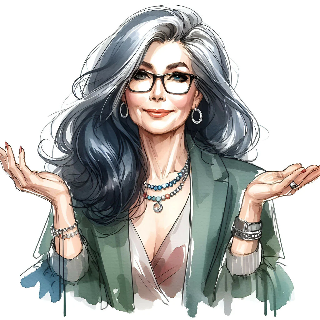 Confident Woman with Glasses in Green Blazer with Gray Hair and Beaded Necklace