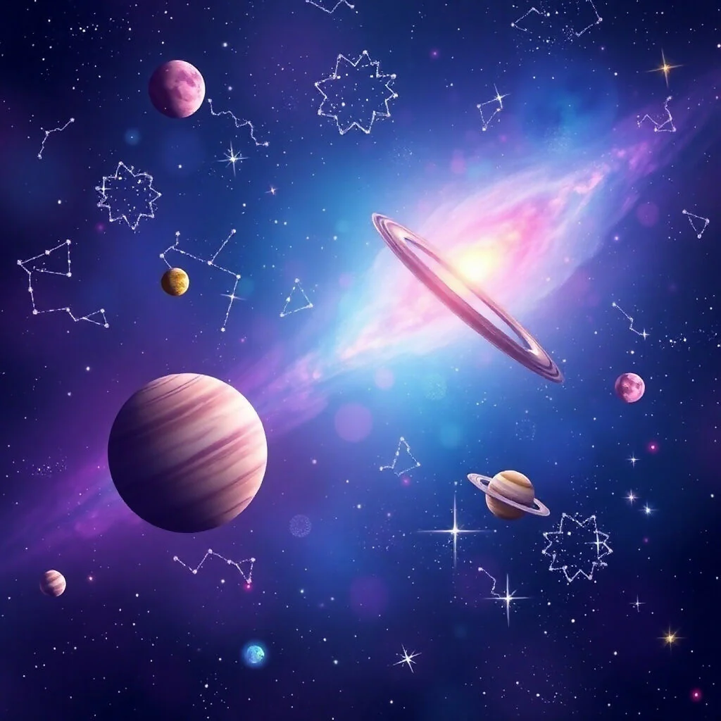 "Cosmic Galaxy Scene with Colorful Nebulas and Stylized Planets"