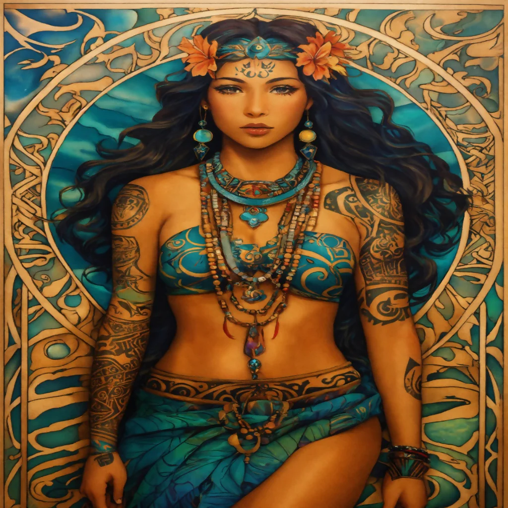 "Cosmic Harmony: A Hawaiian Woman Embodying the Pisces Jupiter-Neptune Energy with Tribal Tattoos" This title captures the essence of the Pisces zodiac theme, emphasizing the mystical and expansive qualities of Jupiter and Neptune, - Image 2