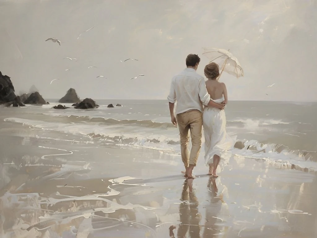 Couple on Beach, Love & Tranquility Painting
