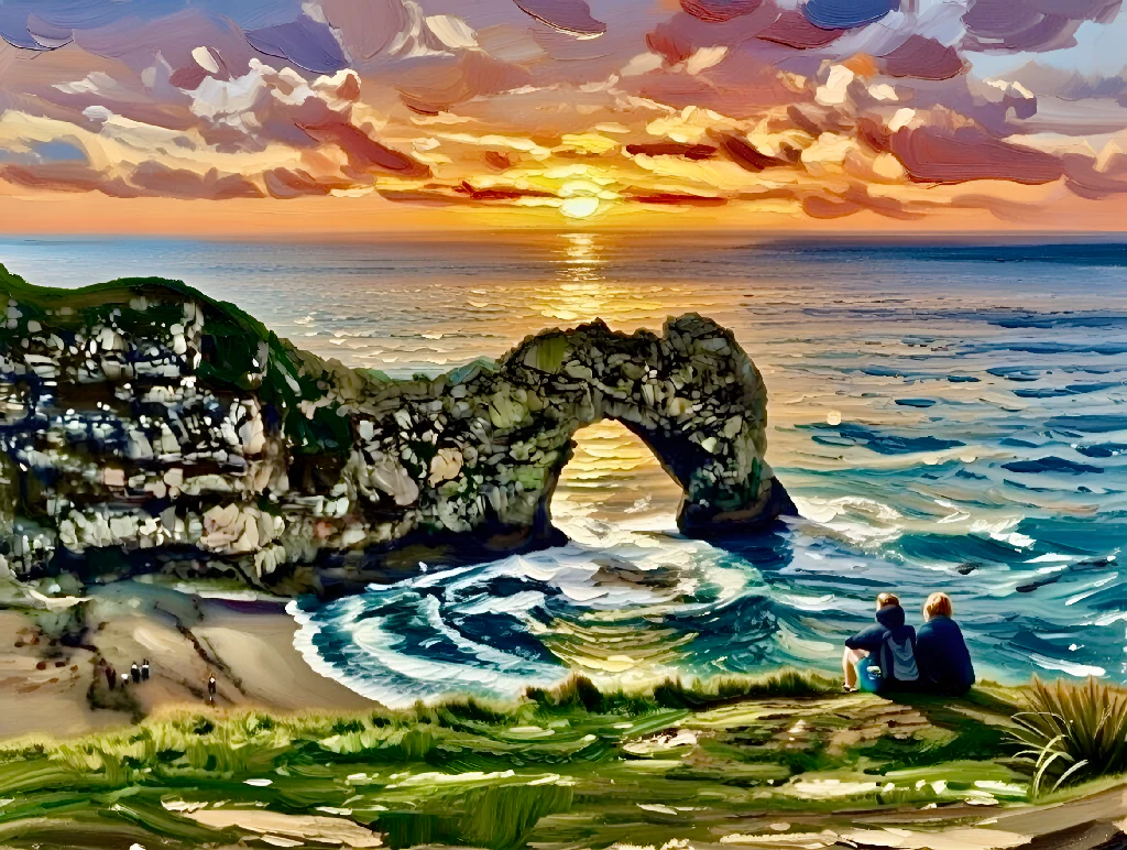 Couple Overlooking a Coastal Arch at Sunset