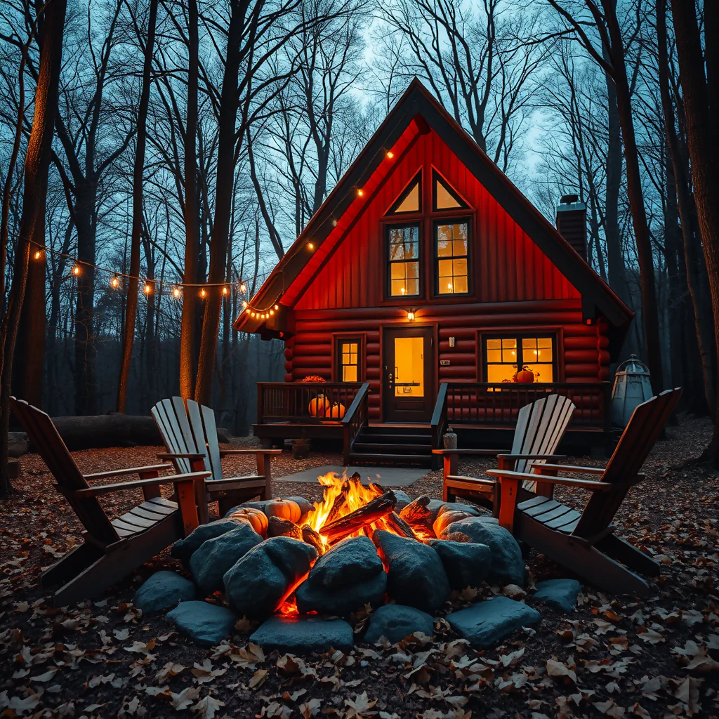 Cozy Autumn A-Frame Cabin with Fire Pit – Warm Rustic Forest Retreat Illustration