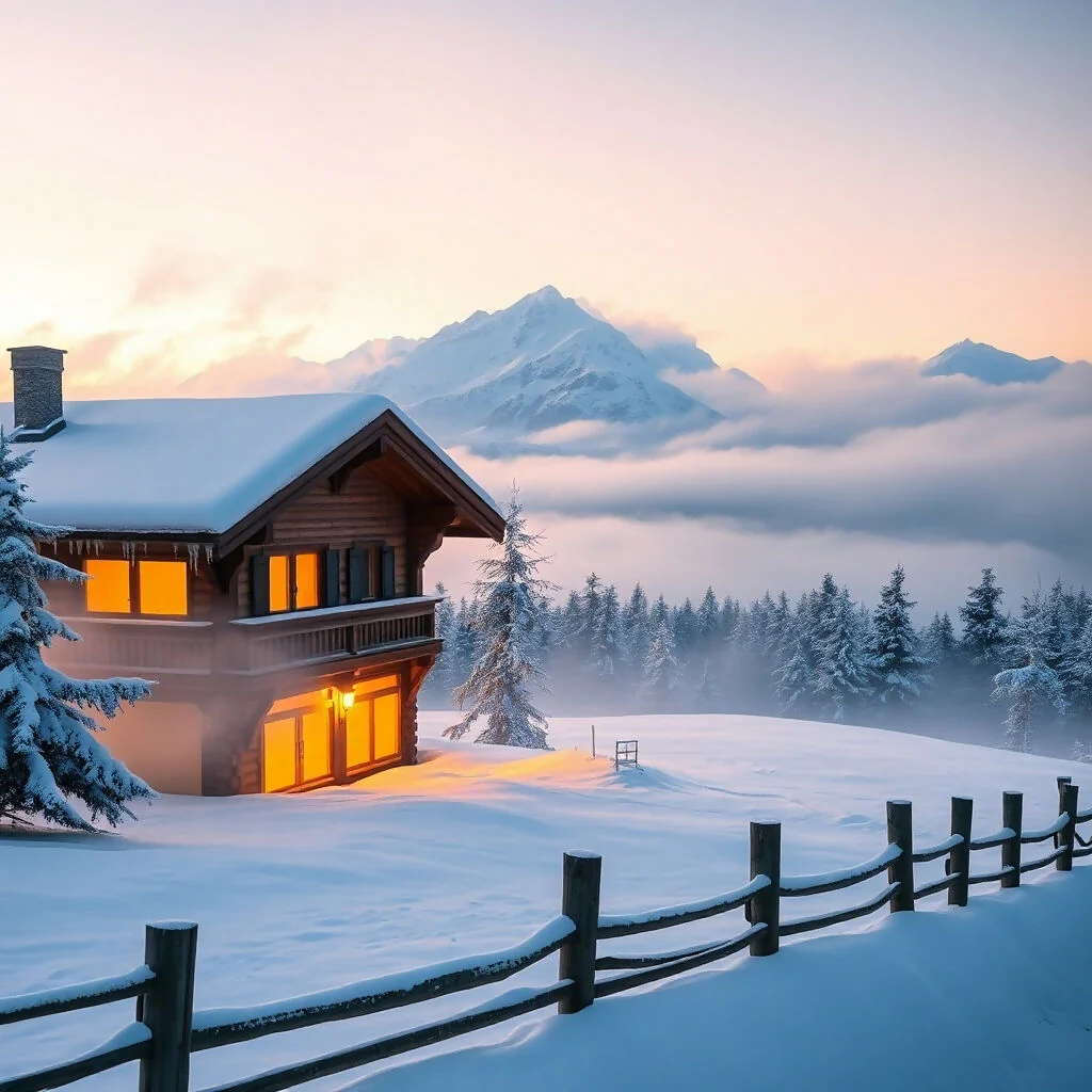 Cozy Mountain Chalet at Winter Sunset
