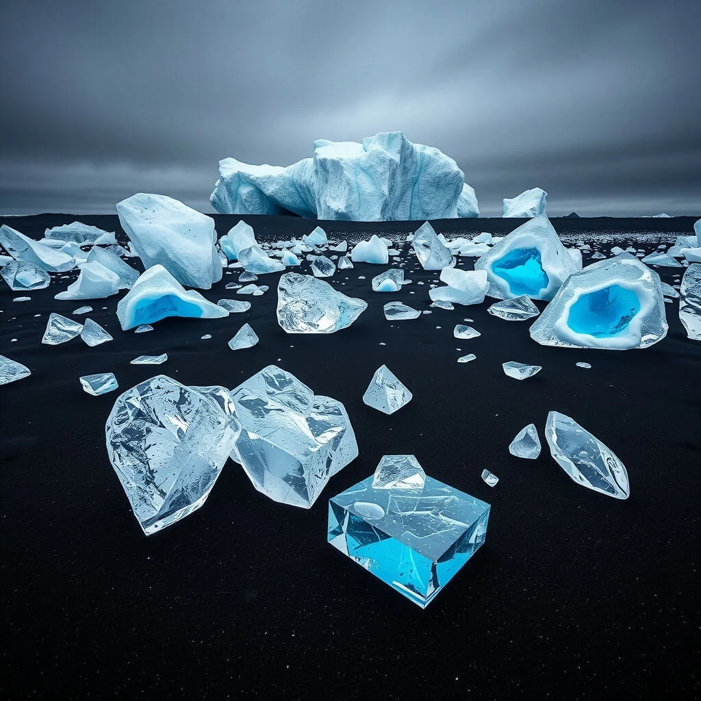 Crystal Ice Chunks on Black Volcanic Sand Beach in Iceland