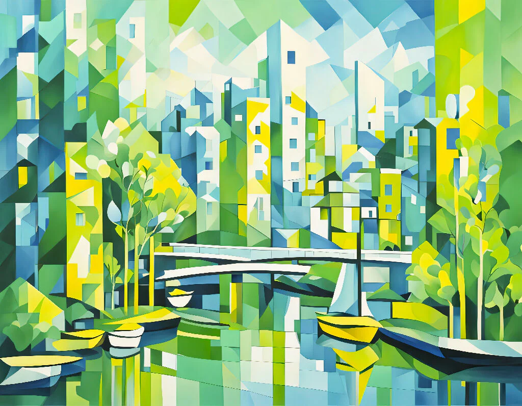 Cubist Green City with Bridge