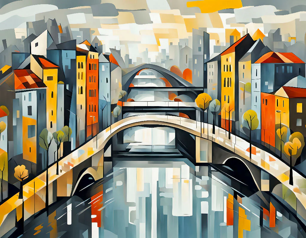 Cubist Snowy Bridge Over Reflected City
