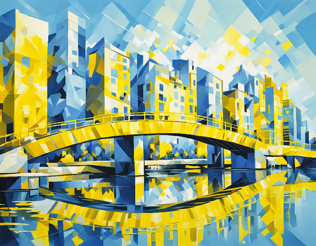 Cubist Yellow Bridge Over River