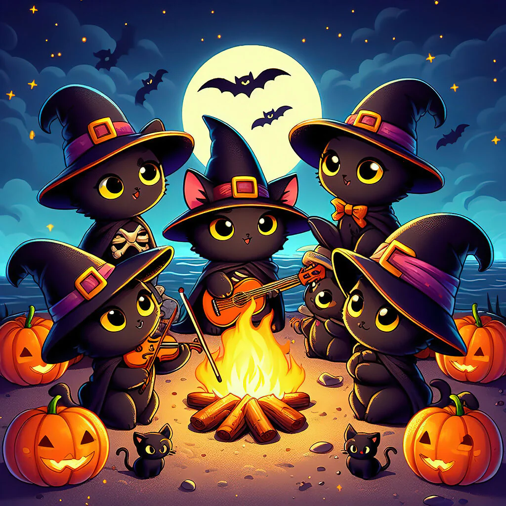 Cute black cats playing music on Halloween night