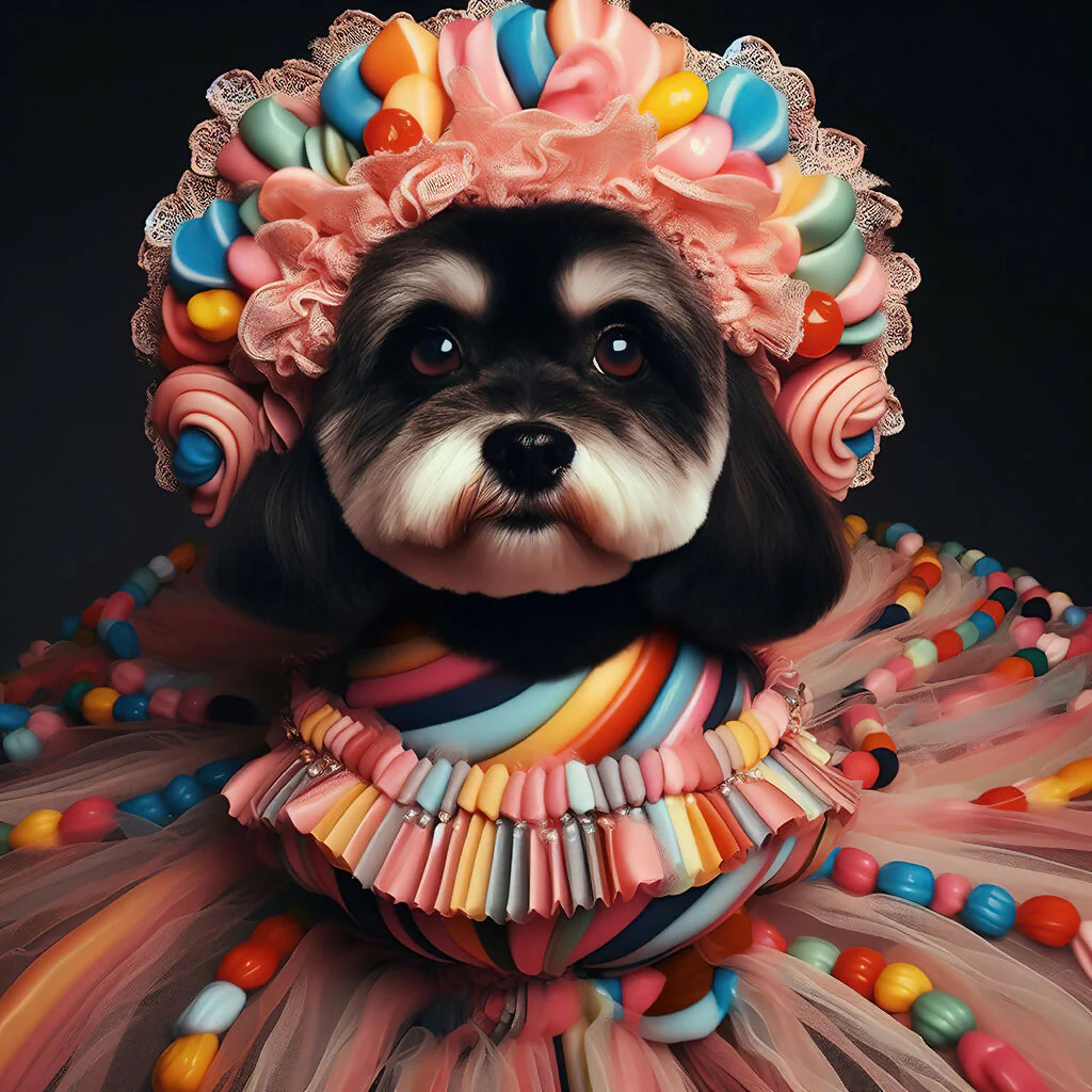Cute dog in a beaded dress