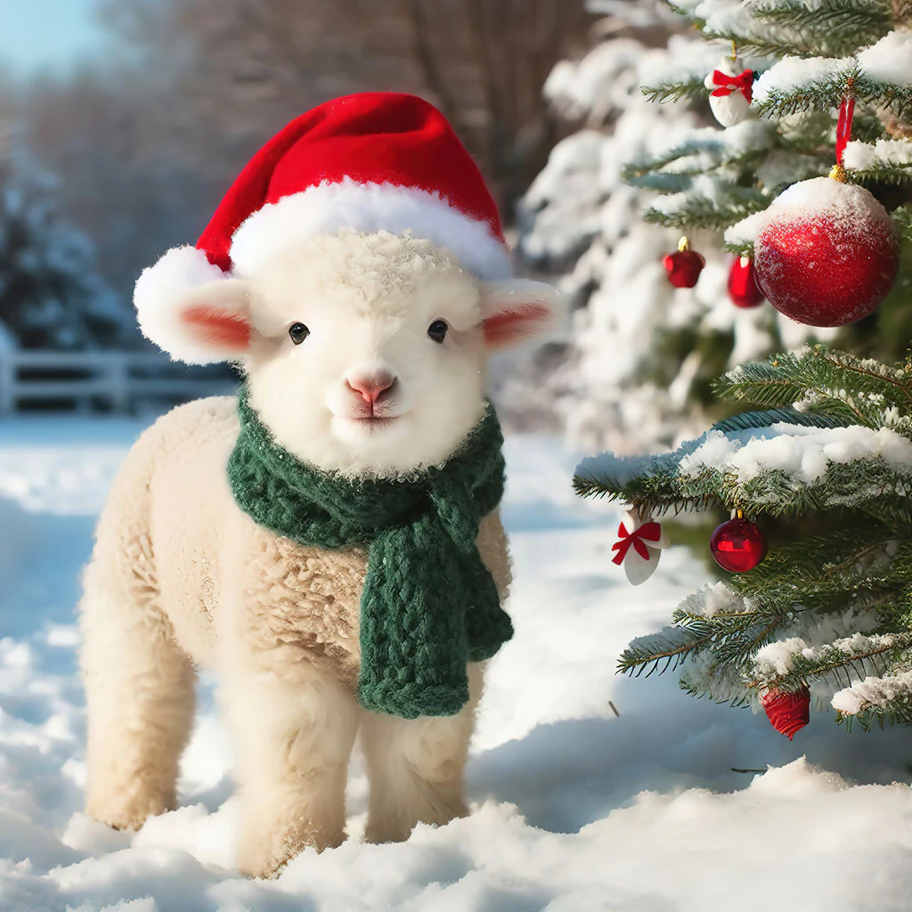 Cute lamb with a scarf and a Santa hat