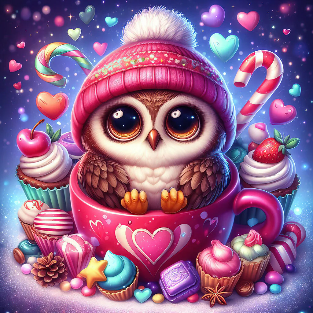 Cute owl with a hat in a cup surrounded by sweets
