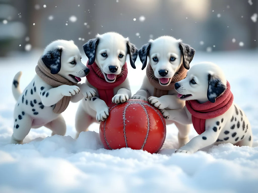 Dalmatian puppies frolicking in the snow