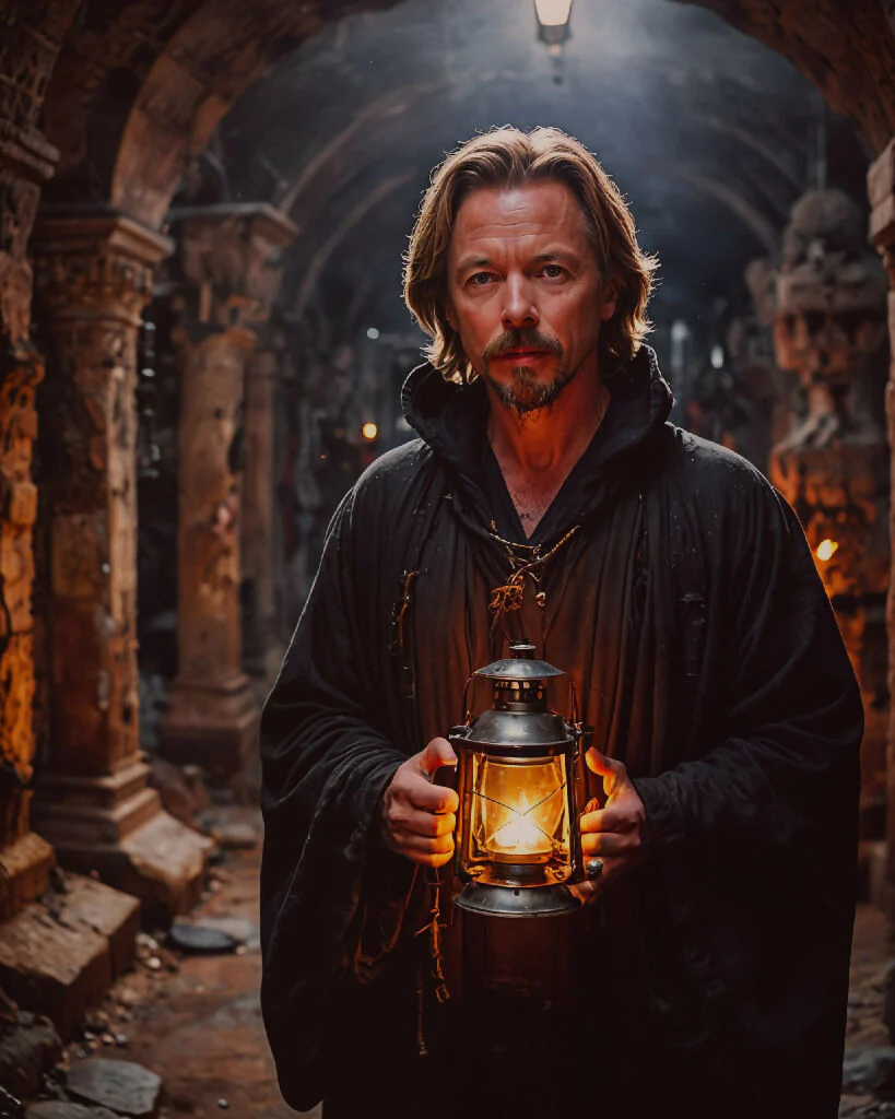 David Spade in catacomb holding a lantern