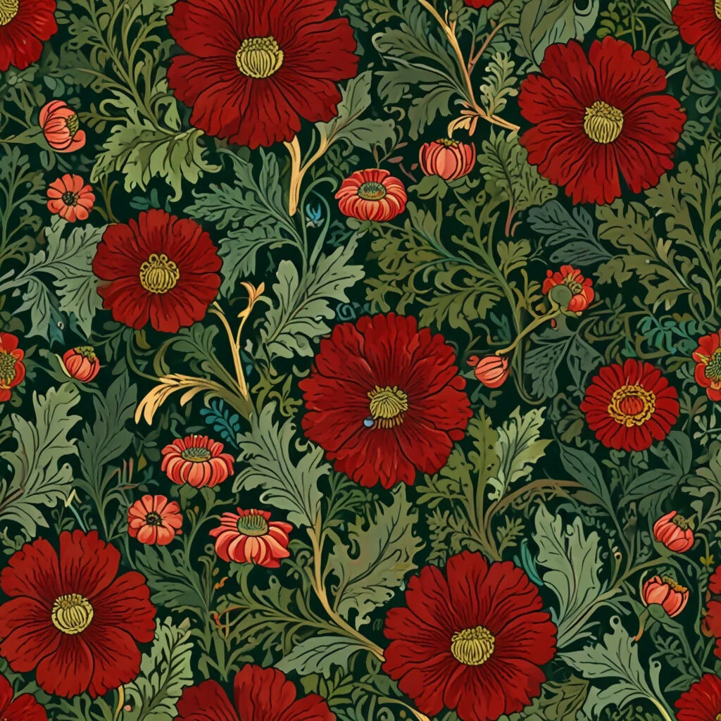 deep burgundy blooms, and golden vines