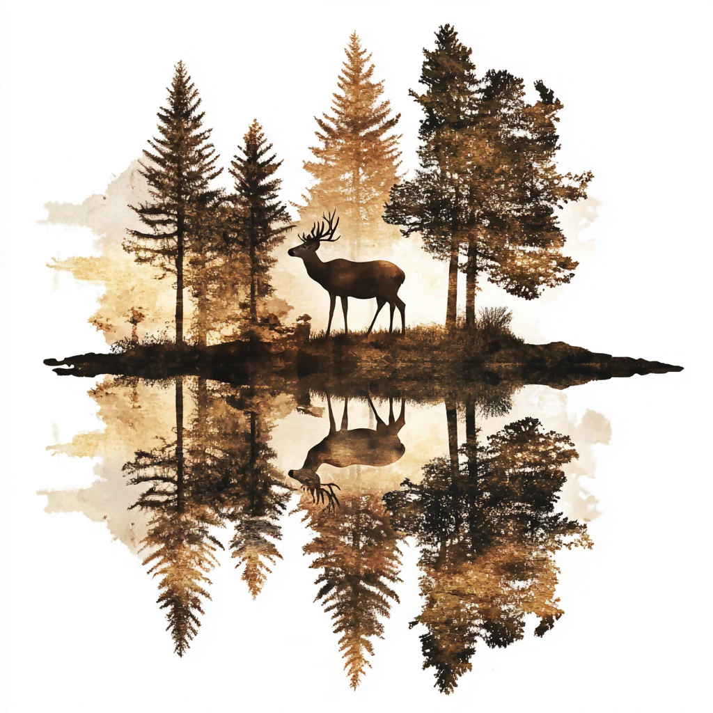 Deer and the forest water reflection