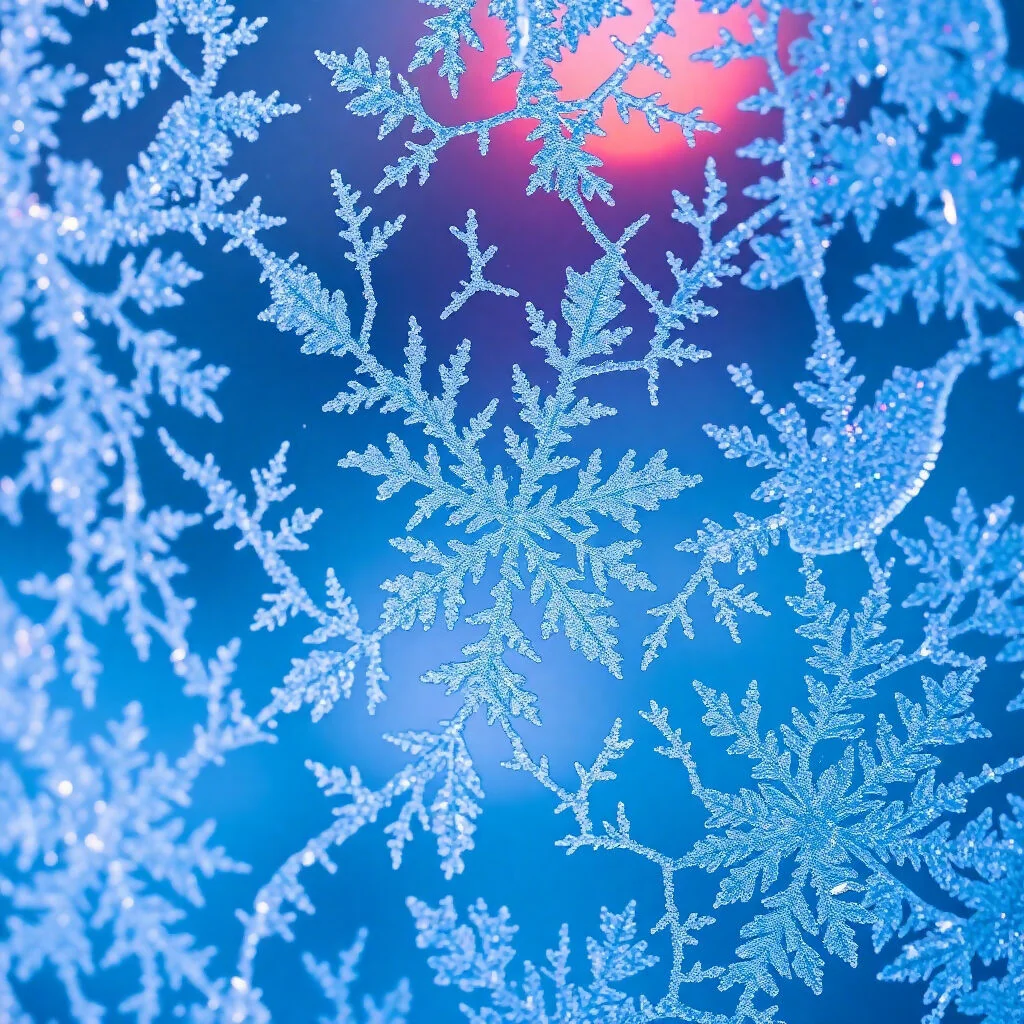 Delicate Snowflake Crystals on Blue Winter Background Macro