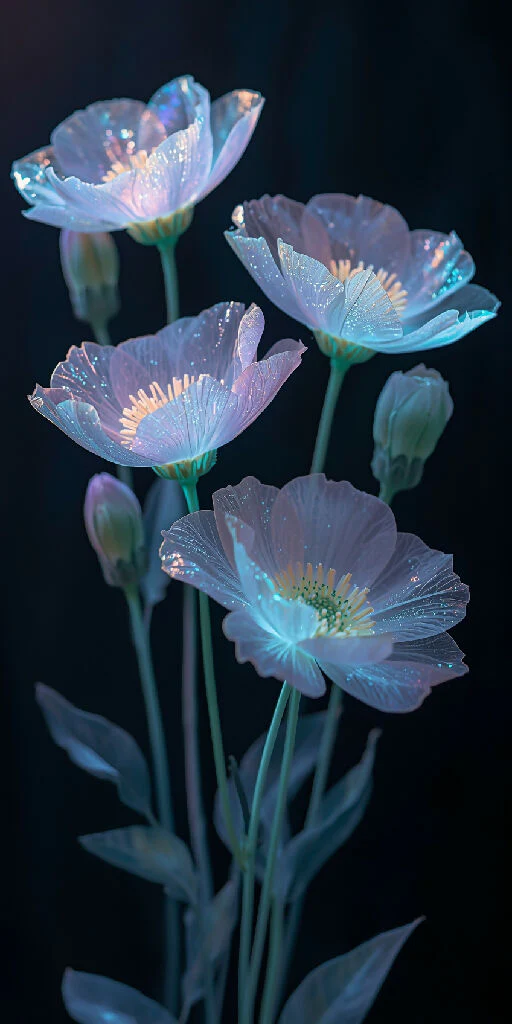 Delicate, translucent petals of glowing flowers shimmer in soft, ethereal light, with intricate details and gentle, feathery textures, showcasing a kaleidoscope of pastel hues, including pale pink, lavender, and mint green, set against a dark, velvety bac