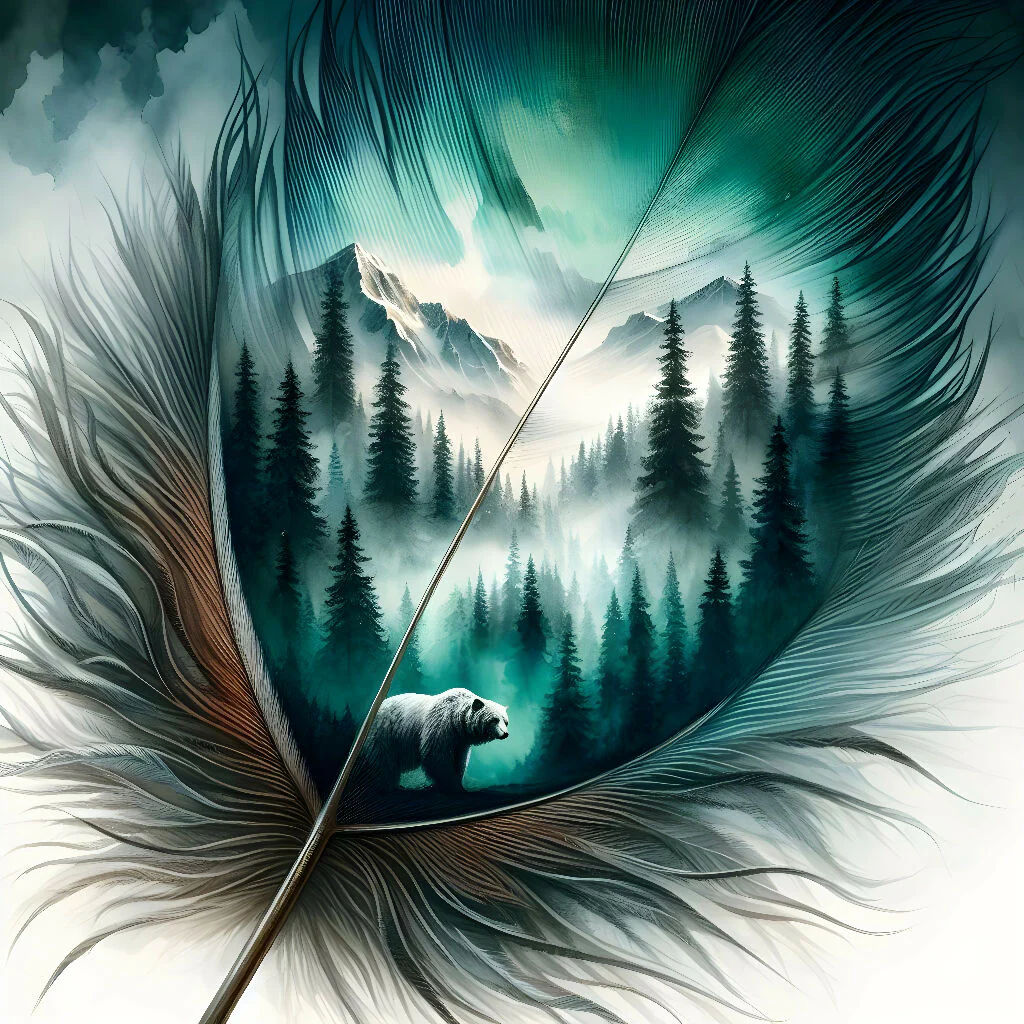 Detailed Feather Forest Scene Mountain Bear Digital Art for Wall Decor