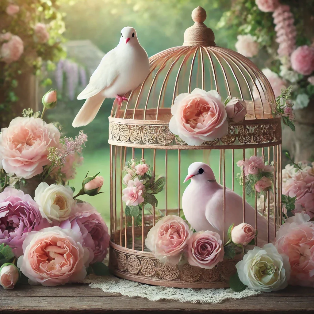 Doves and Vintage Birdcage with Floral Elegance