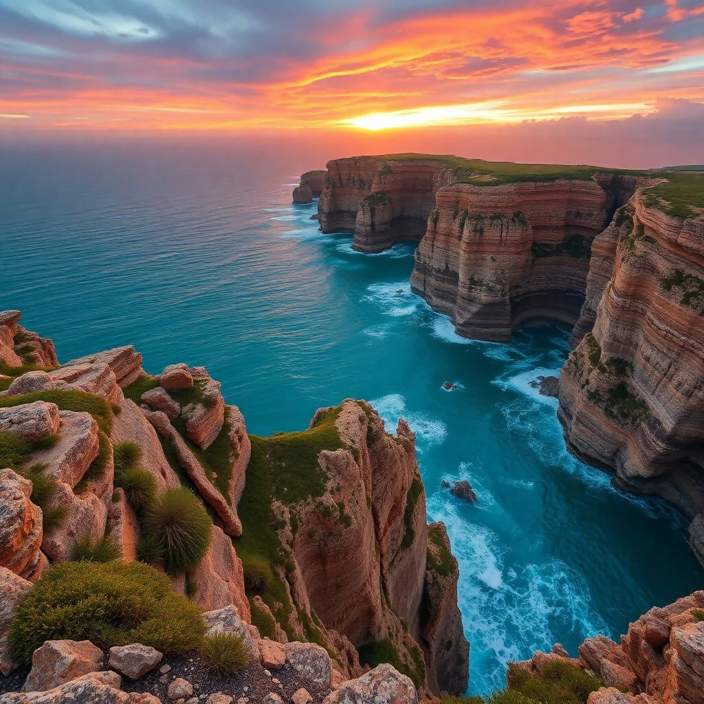 Dramatic Coastal Cliffs at Vibrant Sunset