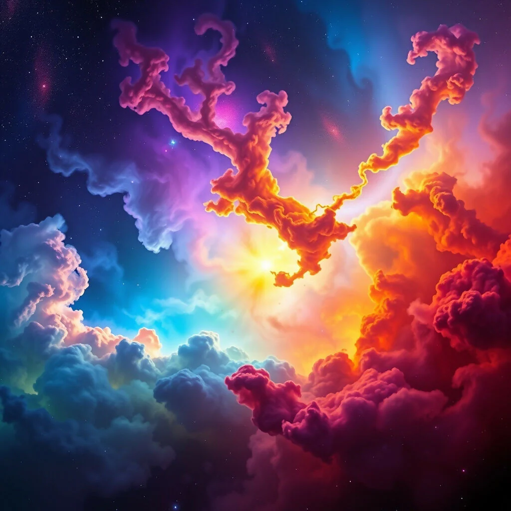 Dramatic Cosmic Cloudscape with Vibrant Sunset Colors and Starry Sky