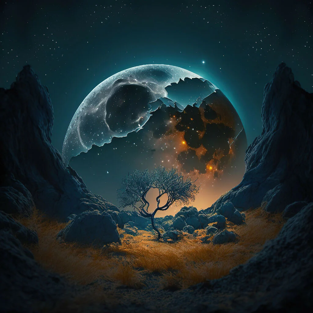 Dreamy Moonlit Night With Mystical Moon and Mountain Scene