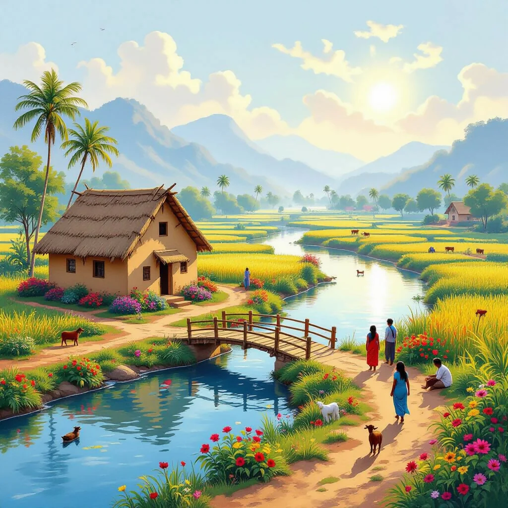 “Dreamy Village River View – Premium Scenic Wall Painting Art” - Image 2