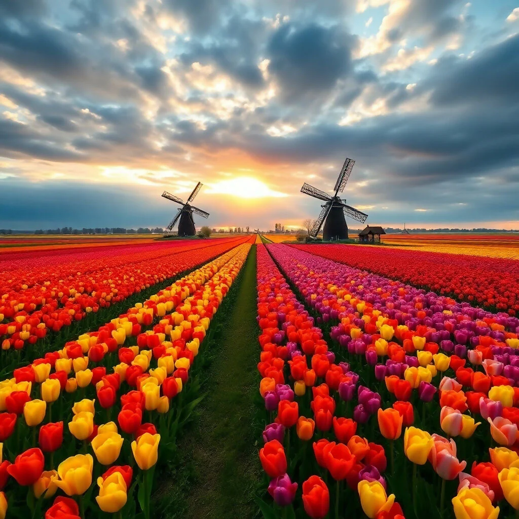 Dutch Tulip Fields with Windmills at Sunset