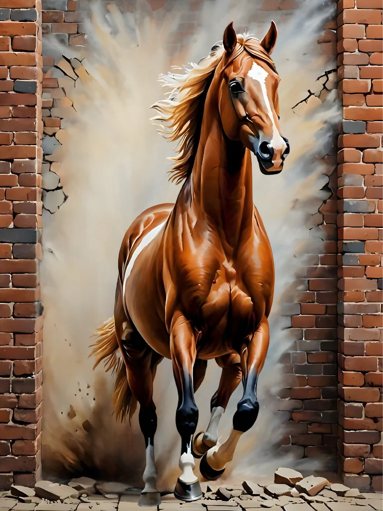 Dynamic Horse Breaking Through Brick Wall Powerful Digital Art Print