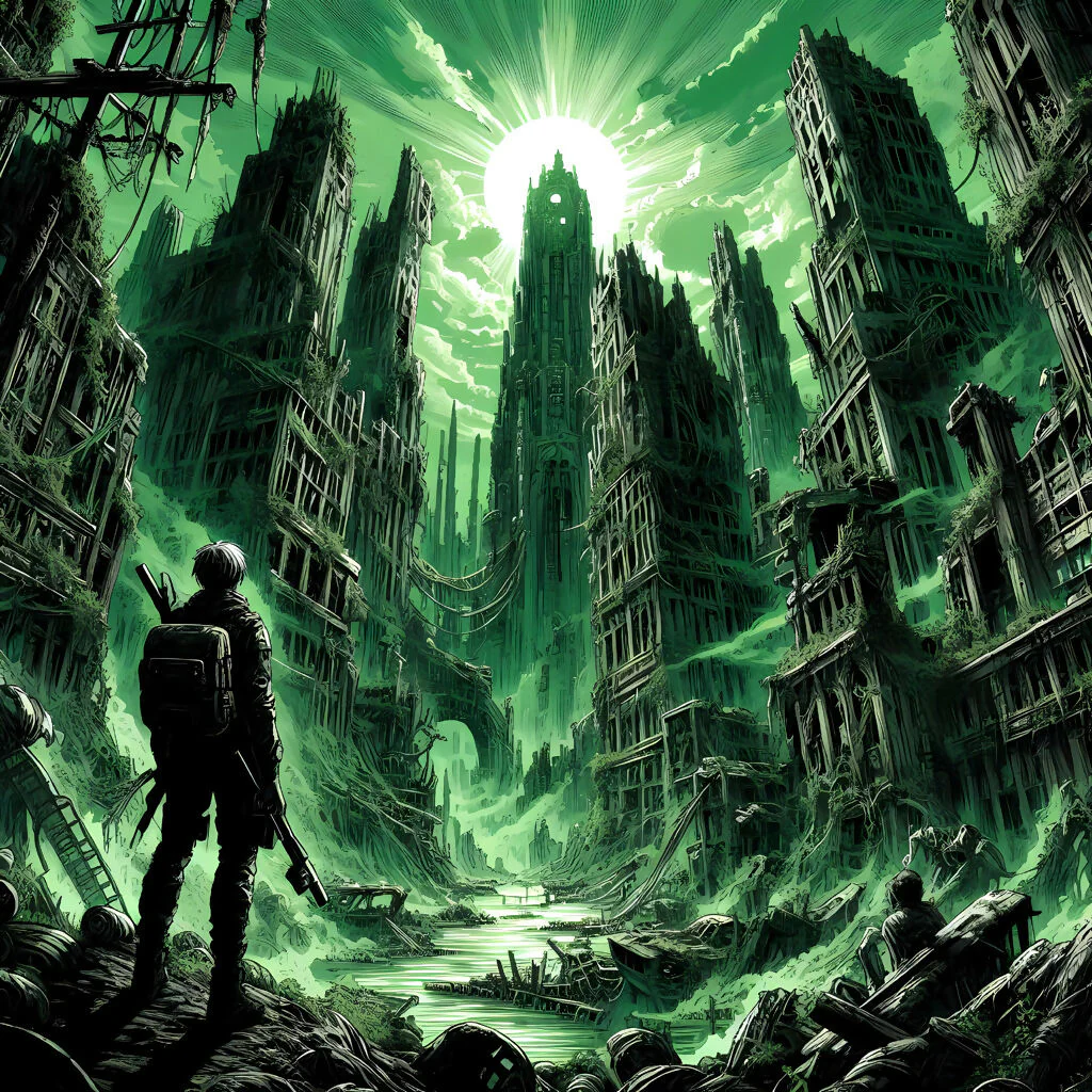 Echoes of Oblivion: Dystopian Skyline in Emerald Light