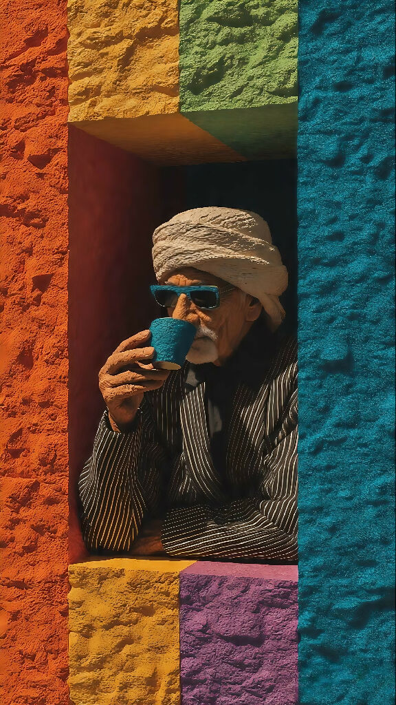 Elderly Man in Turban Drinking from Blue Cup