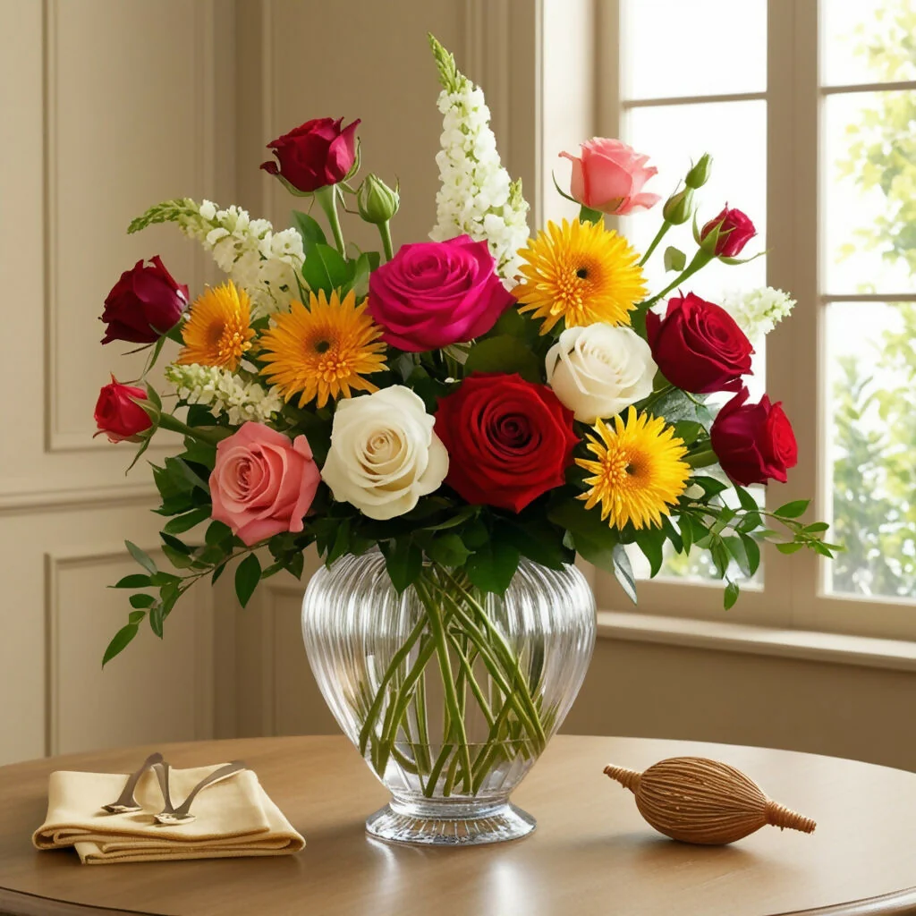 Elegant Mixed Flower Bouquet in Crystal Vase